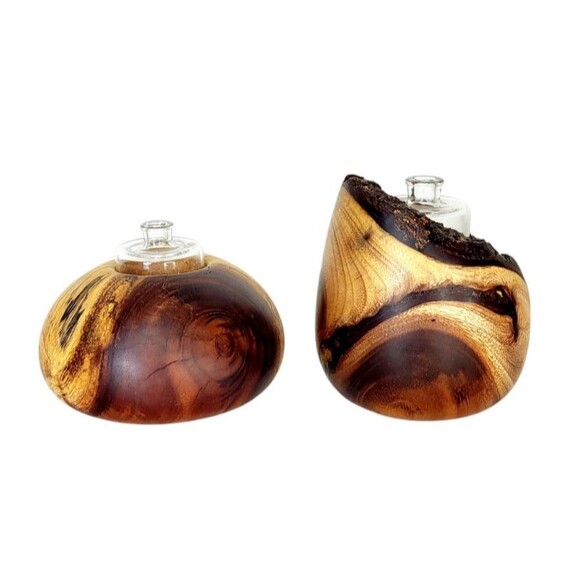 Vintage MCM KOA Wood Natural Edge Rustic Modernist Bud Vases Glass Insert Signed - Picture 2 of 14